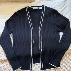 Vintage 100% Cotton Black Ribbed Button-Front Sweater Cardigan with White Trim M